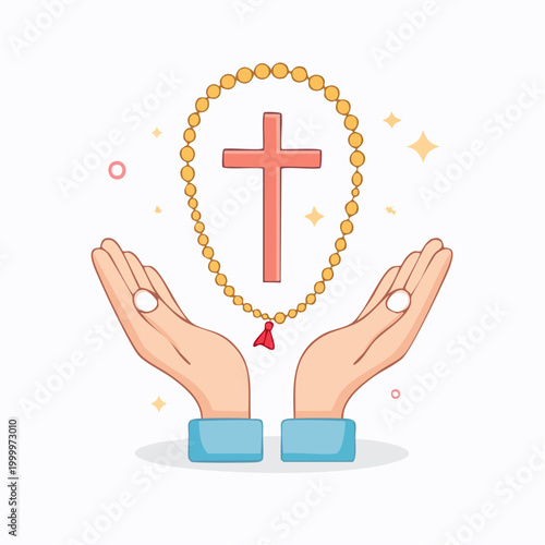 Hands holding rosary beads with Christian cross