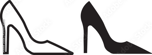 Women's high heels shoe silhouette outline vector black and read, Yellow,Pink, icon isolated illustration. High Heel Shoe Icon Set – Elegant Women Stiletto Pumps in Outline, Solid and Silhouette Style