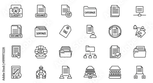 A curated collection of icons representing data management, file organization, and digital document handling for various applications