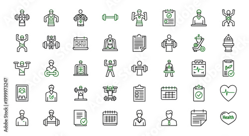 Diverse collection of fitness and health icons, perfect for digital health platforms and fitness apps, showcasing exercise, wellness, and medical themes