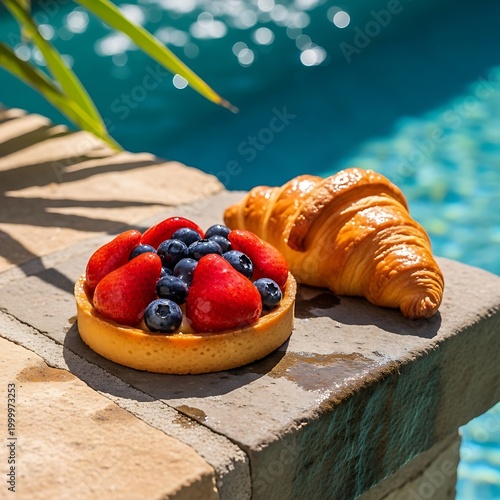Golden baked pastry and fresh fruit tart sit beside sparkling blue water on a sunny day