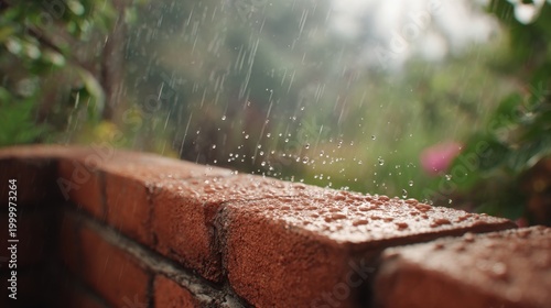 Raindrops Splashing on a Red Brick Wall in a Lush Green Garden