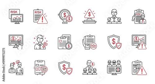 Comprehensive collection of business risk management and financial security line icons, depicting concepts like investment protection, fraud prevention, and strategic business analysis