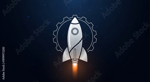 Rocket Launching with Gear Icon - A Symbol of Innovation and Progress.