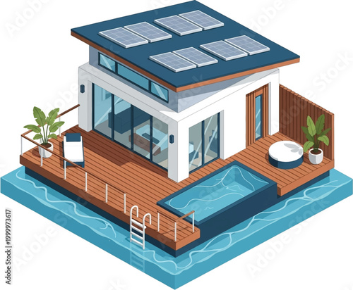Isometric Modern Floating House with Solar Panels and Swimming Pool
