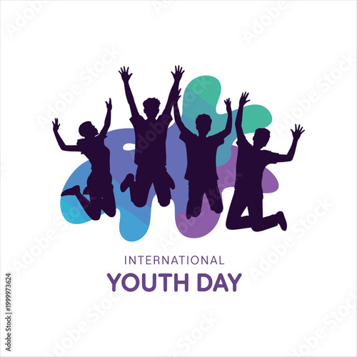 International Youth Day Vector Illustration with Happy Jumping Youth Silhouettes and Colorful Abstract Background
