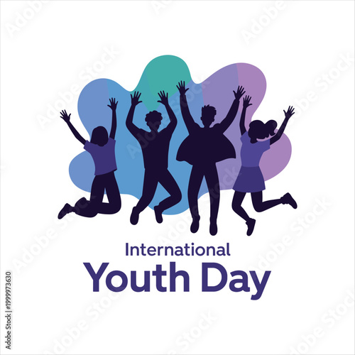 International Youth Day Celebration Illustration with Happy Young People Silhouettes Jumping and Dancing