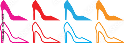 Women's high heels shoe silhouette outline vector black and read, Yellow,Pink, icon isolated illustration. High Heel Shoe Icon Set – Elegant Women Stiletto Pumps in Outline, Solid and Silhouette Style