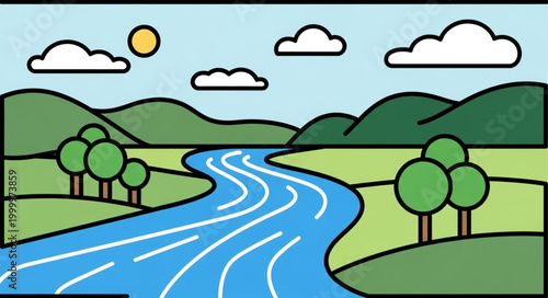 Bild auf Leinwand Scenic River Landscape with Trees, Hills, and Sunny Sky Illustration
