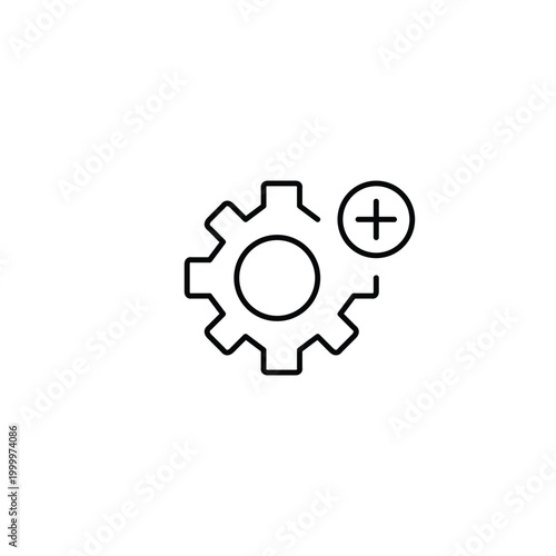 Cogwheel and plus. Feature added, setting enabled and process expansion. Pixel perfect, editable stroke vector icon