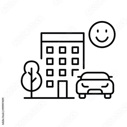 Apartment building, car, tree and smiley face. User-friendly interface, customer positive reviews. Approved and convenient device. Pixel perfect, editable stroke vector icon
