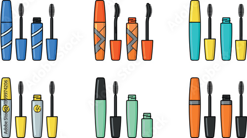 Mascara set collection with cosmetic beauty products different styles vector illustration.
