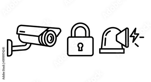 Security System Icons - Surveillance Camera, Padlock, and Alarm Siren.