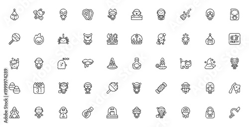 Halloween icon set. Vector illustration pack. Minimalist line icons. Includes Candle, Bat, Alien, Coffin, Devil, Zombie, Vampire, Ghost, Witch, Pumpkin, Haunted house, Werewolf, Spider, Owl, and more.