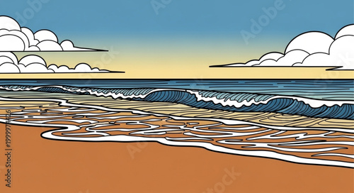 Serene Beach Scene with Gentle Waves and Cloudy Sky.