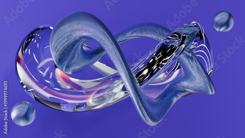 Fluid liquid blue glass shapes and spheres abstract background.