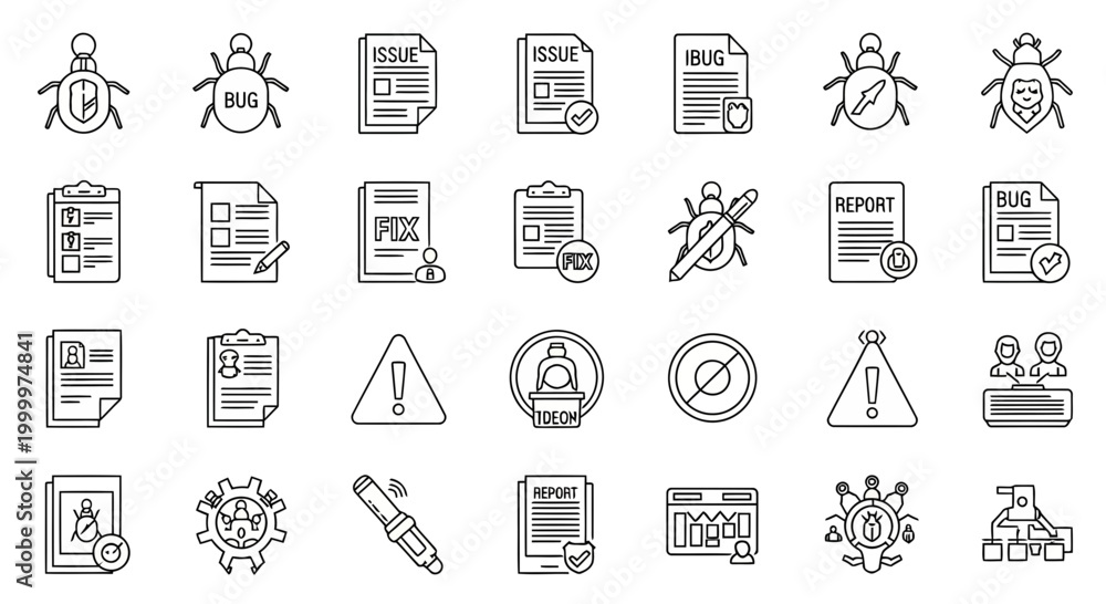 Fototapeta premium Collection of modern flat icons representing software development, bug fixing, and reporting processes with various symbols and graphical elements