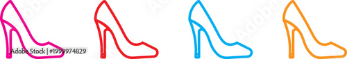 Women's high heels shoe silhouette outline vector black and read, Yellow,Pink, icon isolated illustration. High Heel Shoe Icon Set – Elegant Women Stiletto Pumps in Outline, Solid and Silhouette Style