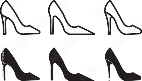 Women's high heels shoe silhouette outline vector black and read, Yellow,Pink, icon isolated illustration. High Heel Shoe Icon Set – Elegant Women Stiletto Pumps in Outline, Solid and Silhouette Style