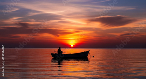 Silhouette of a Boat at Sunset - Serene Water Reflection.