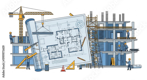 Construction Site With Blueprint and Crane.