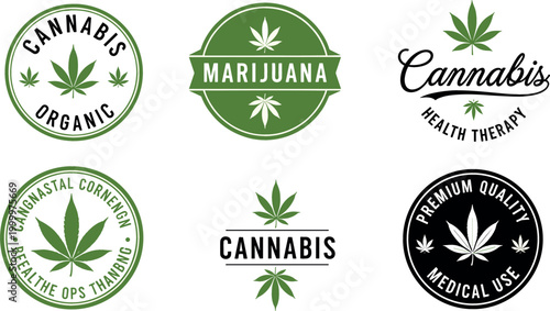 Cannabis and Marijuana Logo Set with Organic, Medical, and Premium Quality Designs for Health, Wellness, and Dispensary Branding