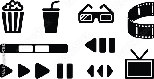 Cinema Icons Set Popcorn Drink 3d Glasses Film Reel Television and Media Controls