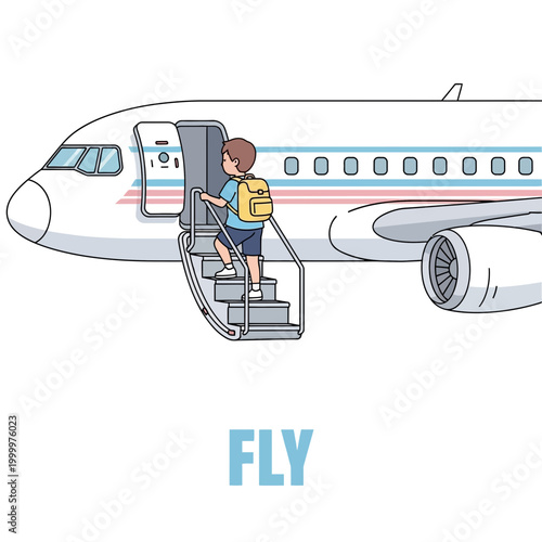 Boy boarding airplane with backpack