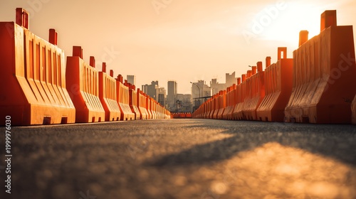 Construction barriers under sunset glow.