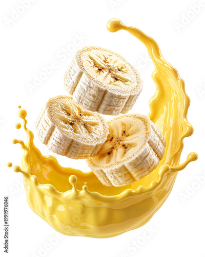 Fresh banana slices with yellow liquid splash floating in air on transparent background