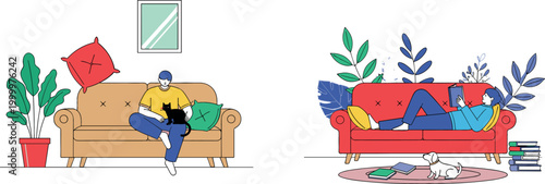 Cozy Living Room Illustration Set with People, Sofa, Plants, and Pets for Home Decor, Relaxation, and Family Lifestyle Designs