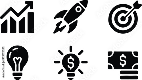 Business and finance icons set including rocket target and lightbulb symbols