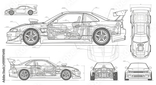 Detailed Blueprint Drawings of a Sports Car.
