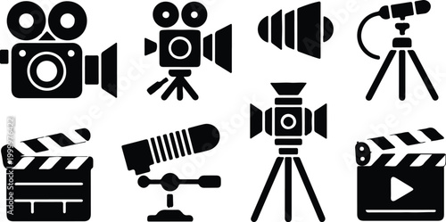Film industry icons set including camera microphone and clapperboard black silhouette