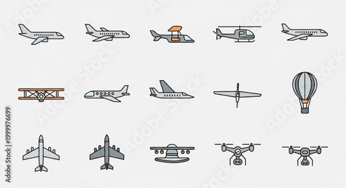 Collection of various aircraft and flying machines icons.