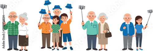 Family and Senior People Selfie Icon Set with Different Generations and Poses for Social, Family, and Digital Life Designs