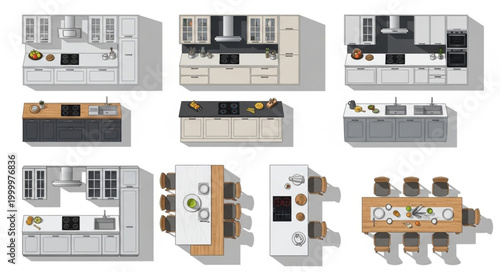 Collection of modern kitchen designs and layouts.