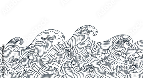 Dynamic hand-drawn illustration of powerful crashing ocean waves in a repetitive linear style suitable for backgrounds and patterns.