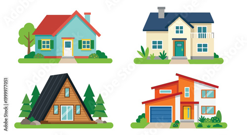 colorful houses set flat vector illustration with green lawns