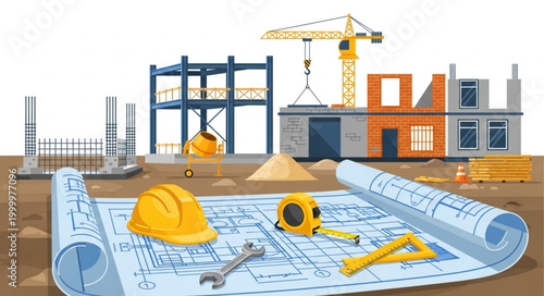 Construction site with blueprints and equipment.