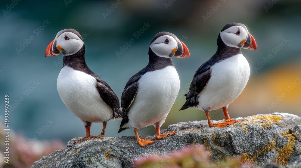 Fototapeta premium puffin, seabird, bird, wildlife, nature, ocean, coast, coastal, rock, cliff, marine, habitat, atlantic, arctic, fratercula, arctica, beak, colorful, plumage, black, white, orange, trio, group, standin