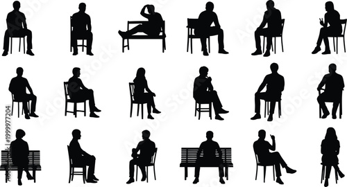 Collection of diverse black silhouettes of people sitting in various poses