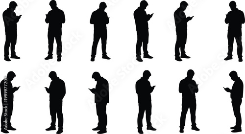 Black minimal silhouettes of men standing, engaged with cell phones, social media