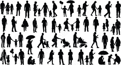 Large diverse collection of people and family silhouettes with children, daily life