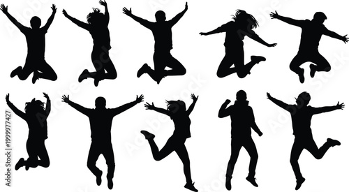Set of diverse black human silhouettes joyfully jumping and celebrating success