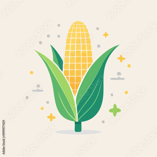 Stylized illustration of a ripe ear of corn with green leaves