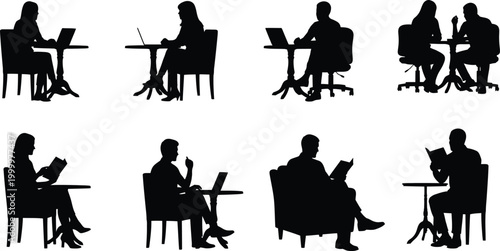 Diverse black human silhouettes seated at tables working reading conversing