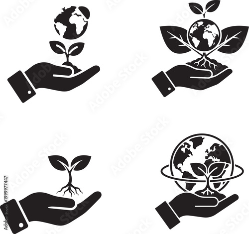 Environmental ecology care hands and earth globe icons.