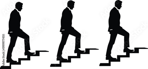Black silhouette businessmen climbing stairs on minimal white background