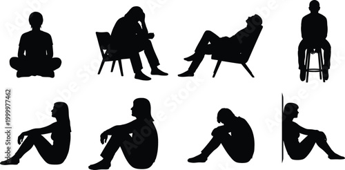 Black silhouette people sitting in various poses on minimal white background